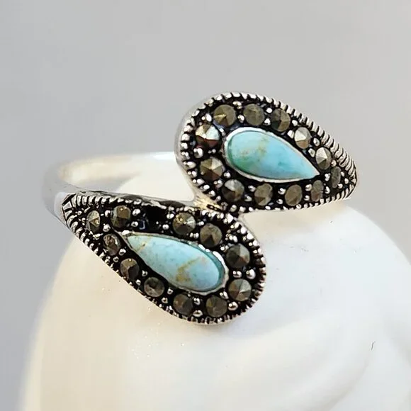 1990's Signed 925 Silver Classic Turquoise & Marcasite Ring Size 7 - Picture 2 of 12